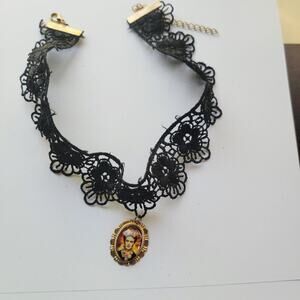 Black Lace Choker Necklace with Framed Portrait Pendant